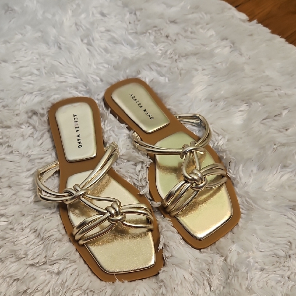 Azalea Wang Gold Knot Detail Square Toe Slide Sandals Women's